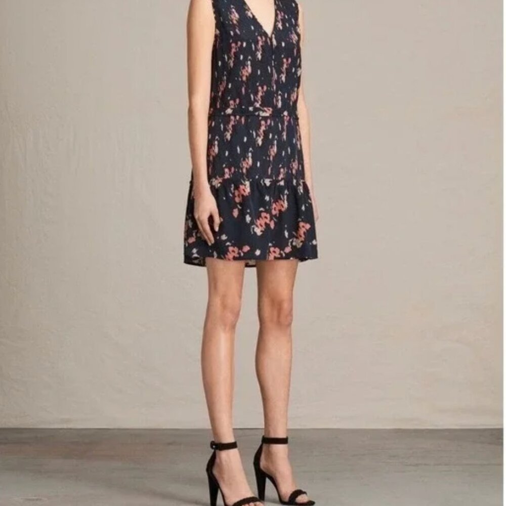 AllSaints Sz 2 Silk Navy Floral Print Mini Dress Tie Waist Casual Chic Vacation